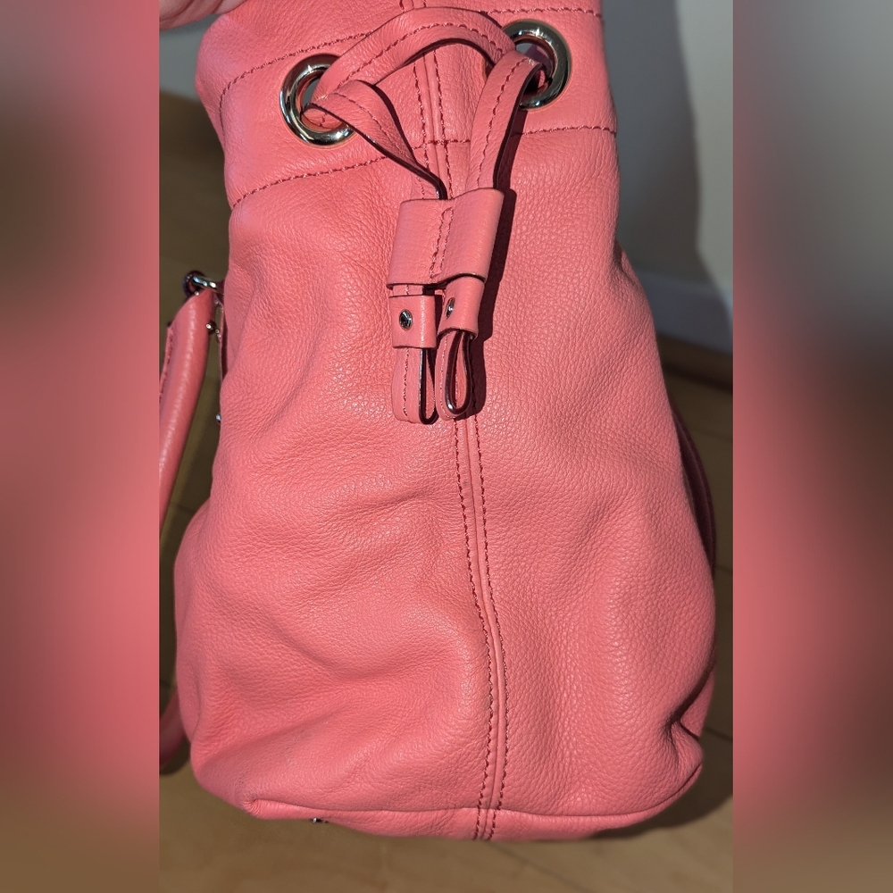 Kate Spade Darien Drawstring Leather Shoulder Bag Coral Pink Gold - Picture 7 of 15